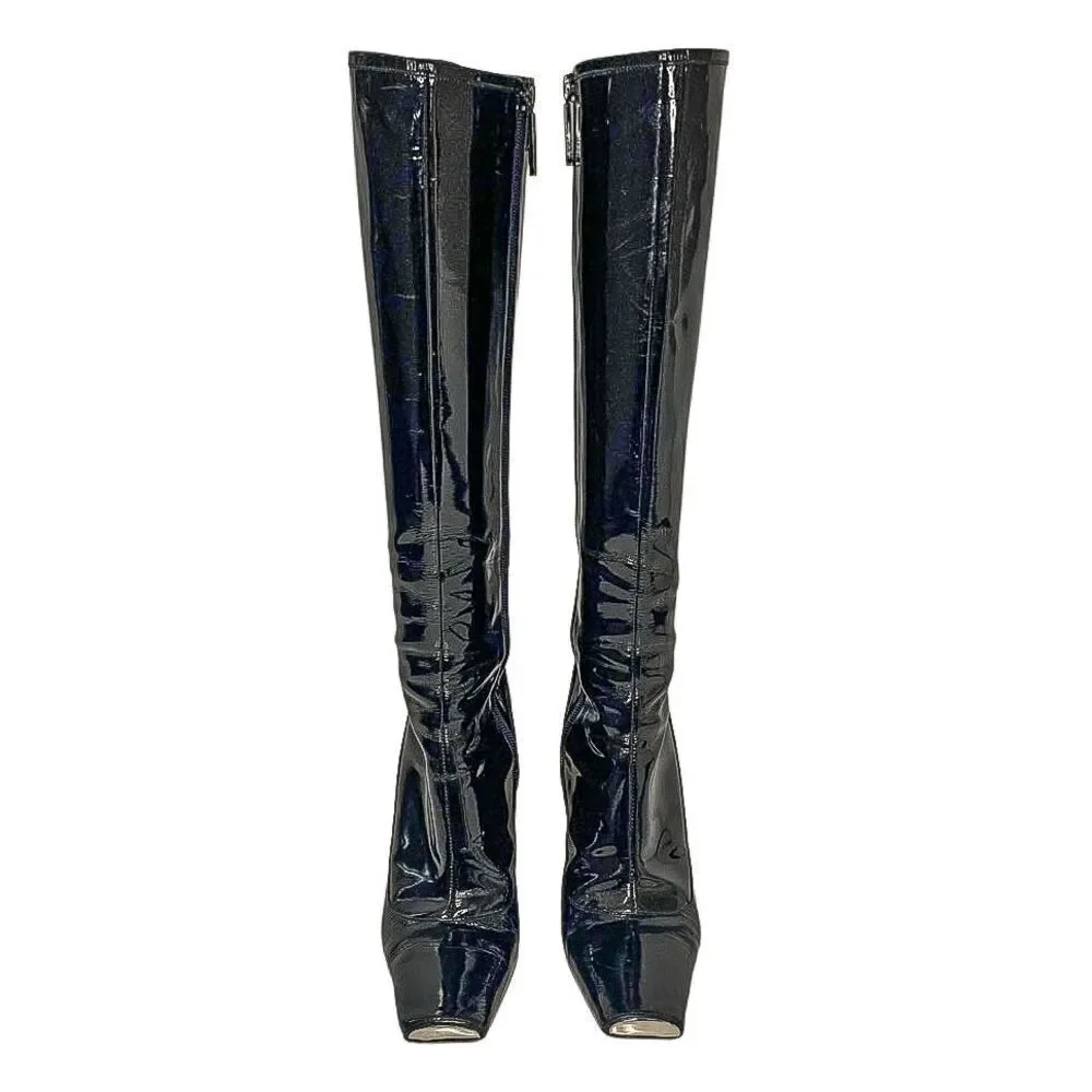 Louis Vuitton Black Patent Leather Knee High Heeled Boots EU 36.5 Square Toe